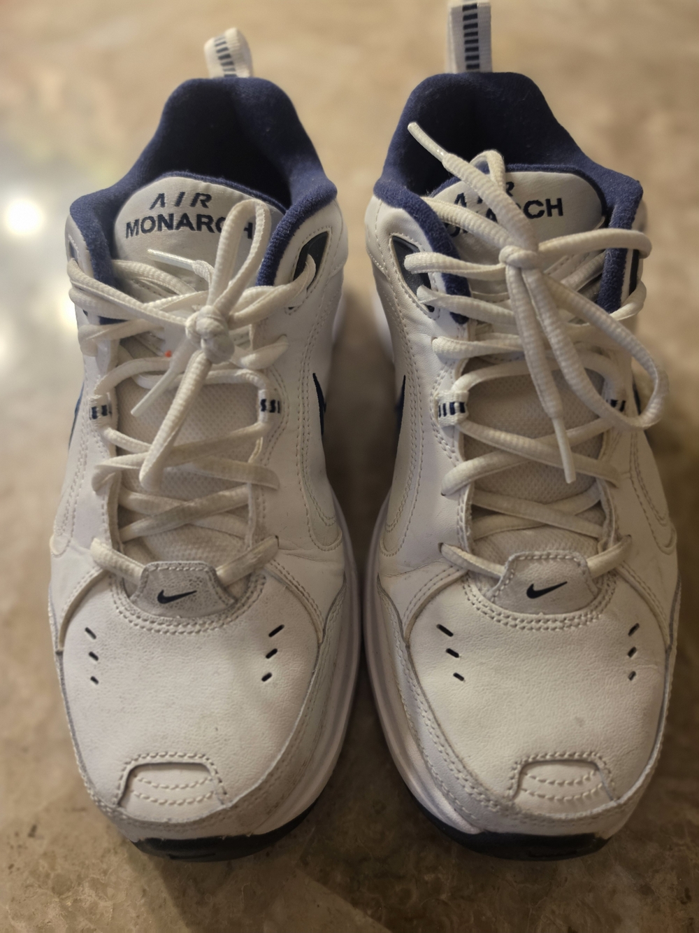 Nike Air Monarch Kids White and Navy Athletic Shoes